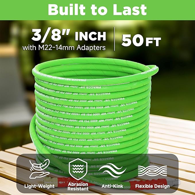 PWACCS Pressure Washer Hose 50 FT, 3/8" Kink Resistant Power Washer Hose Steel Braided Quick Connect with M22 14 Fittings for Cold/Hot Water, 4000 PSI