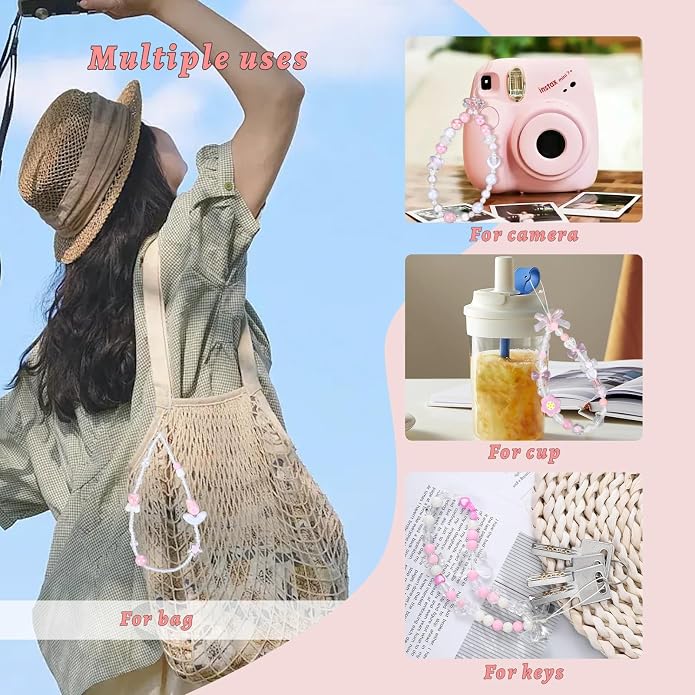 Pink Beaded Phone Wrist Straps, Y2K Phone Case Charms Camera Charm Strap