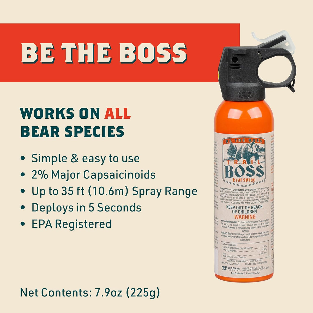 Trail Boss Bear Spray - Maximum Strength 35 ft Range | EPA Registered 7.9 oz for Hiking & Outdoor Safety