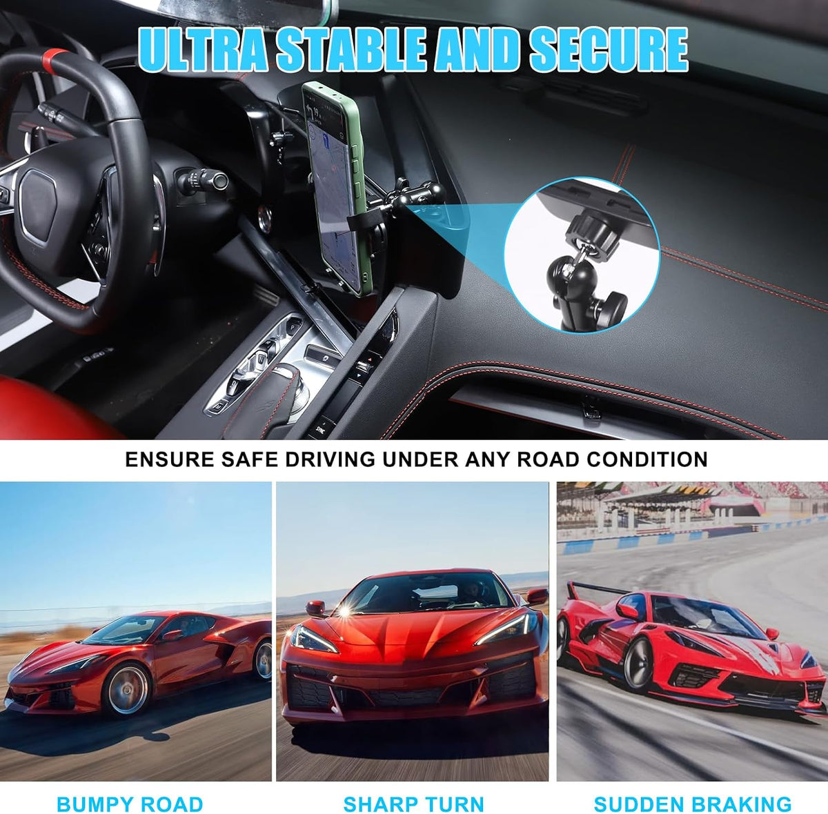 for Corvette C8 Center Console Tray Phone Holder Mount Organizer,360 Degree Rotatable Phone Holder Stand Navigation Screen Rear Storage Box Organizer Tray for Corvette C8 2020-2024 2025 (E)