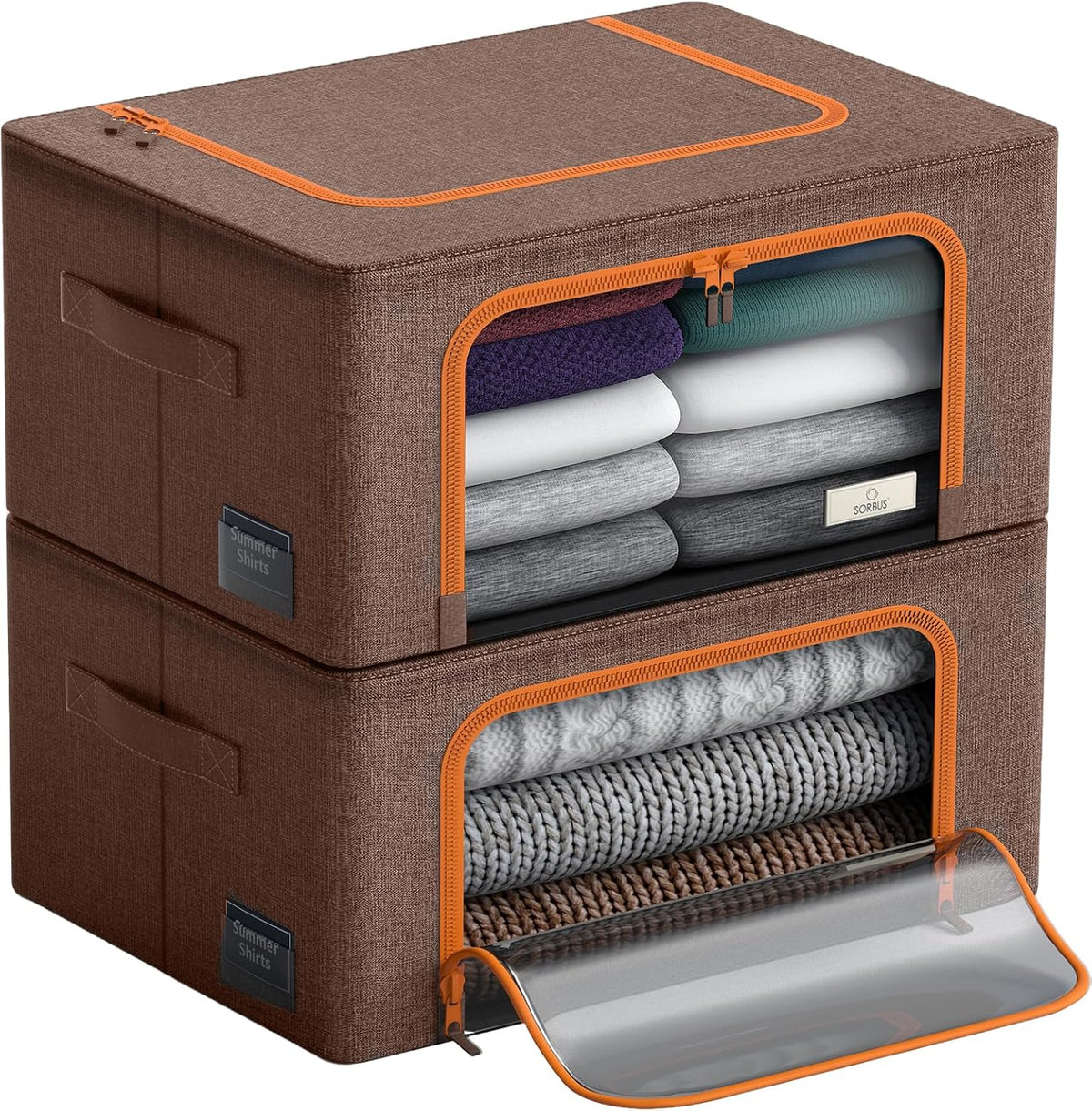 Sorbus® Storage Bins Boxes, Foldable Stackable Container Organizer Basket Set with Large Clear Window & Carry Handles, for Bedding, Linen, Clothes (Brown)