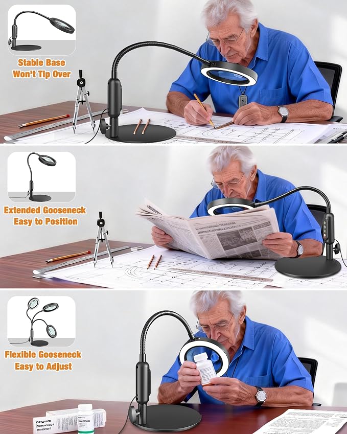 30X 10X Magnifying Glass with Light and Stand, 5 Color Modes Stepless Dimmable