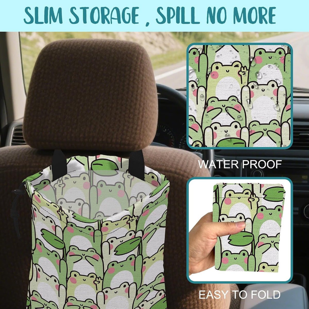 Car Garbage Bag Cute Cartoon Frogs Drawstring Car Trash Bag Hanging for Back Seat with Adjustable Buckle Canvas Vehicle Trash Can Easy-to-Install
