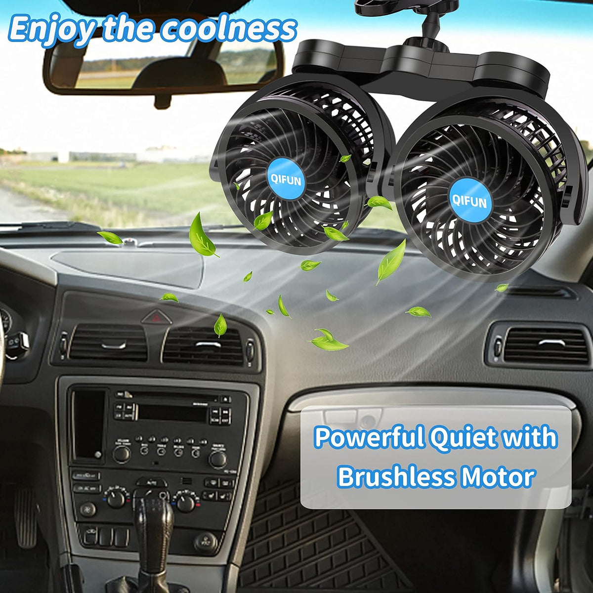 QIFUN Car Fan Adjustable Dual Head 12V 360° Rotatable 4 Inches Car Clip Fan for Front/Rear Seat Passenger Car Essentials Cooler with Stepless Speed Regulation for Vehicle SUV, RV