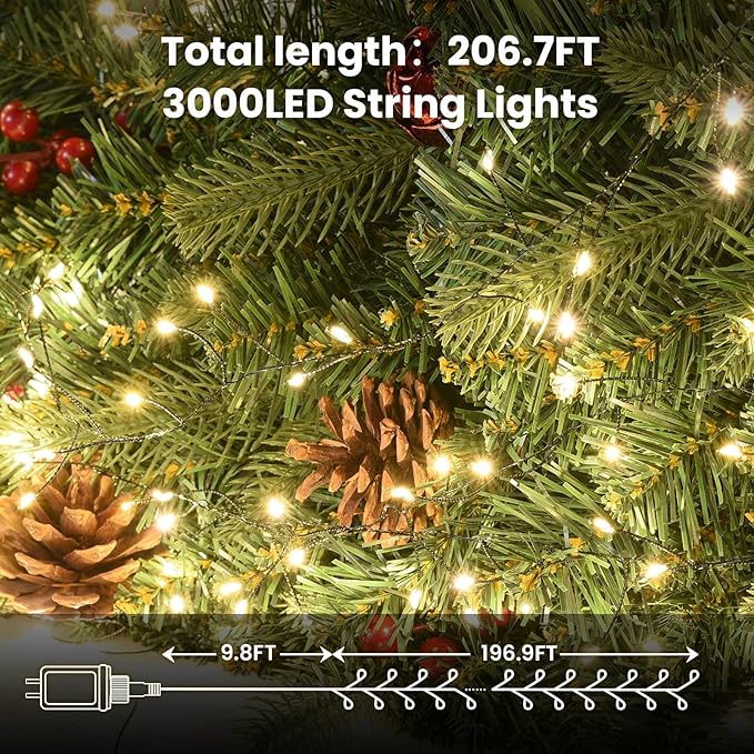 Fairy Lights Plug in, Dailyart 3000 Led Cluster Lights with Timer 195Ft Waterproof Warm Twinkle String Light with Remote for Bedroom Wreath Garland Window Wedding Christmas Tree Decoration, Green Wire