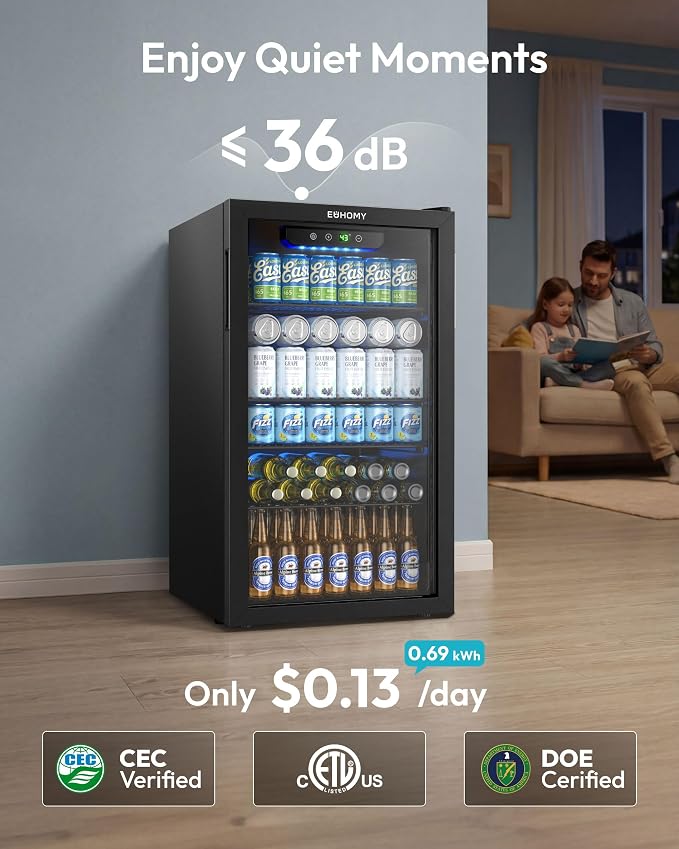 EUHOMY Beverage Refrigerator and Cooler, 128 Can Mini fridge with Glass Door, Small Refrigerator with Removable Shelves for Soda Beer or Wine, Home/Bar/Office, Black