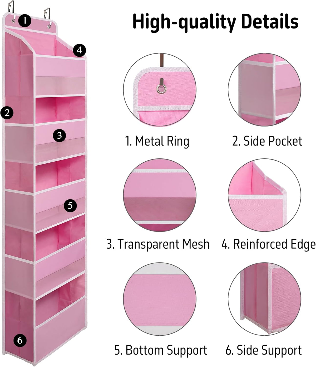 TYMENSH Pink Over Door Organizer with 5 Large Clear Pockets and 6 Side Mesh Pockets, Anti-Tilt Hanging Door Storage for Nursery, Bedroom, Bathroom, Closet, Toys, Baby Essentials