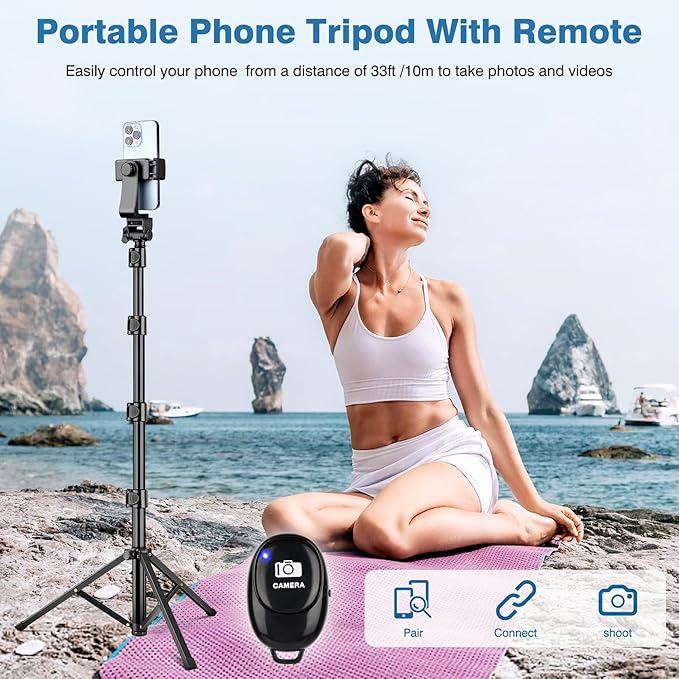 70" Phone Tripod with Remote & Holder, Portable Cell Phone Stand, Selfie Stick
