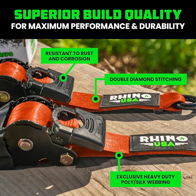 Rhino USA Retractable Ratchet Straps (2-Pack) - 2 Inch x 10 Feet (3,033lb Break Strength) - Heavy Duty Auto Self Retracting Tie Down Straps for Truck, Cargo Trailer, Motorcycle, Rad & More - Orange