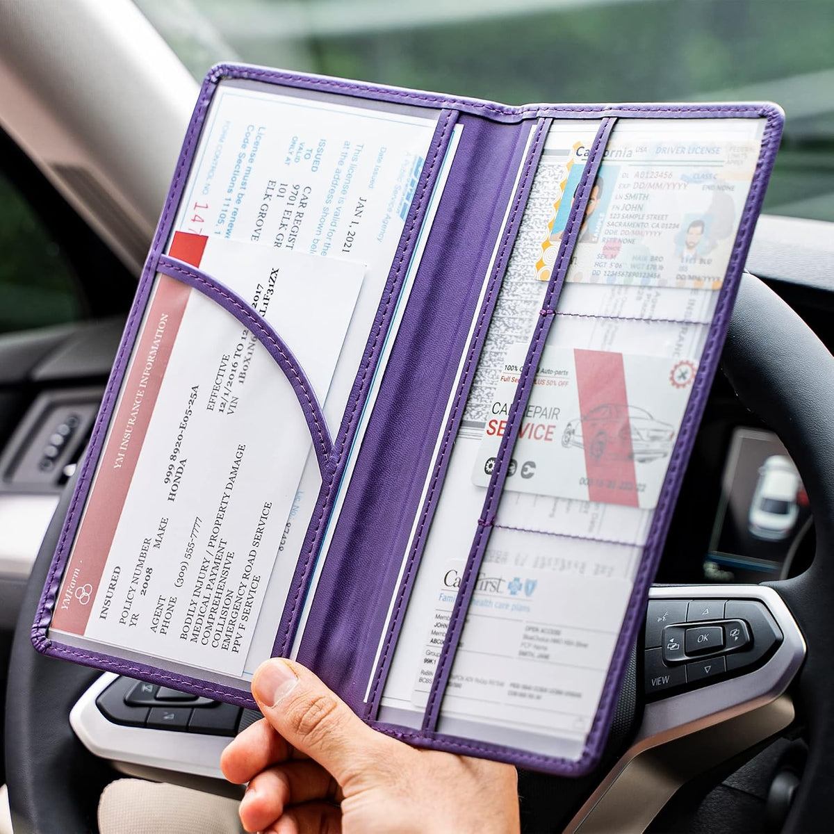 CANOPUS Car Registration and Insurance Holder, PU Leather Card Holder, Vehicle Glove Box Organizer for Auto, SUV, Truck, Purple