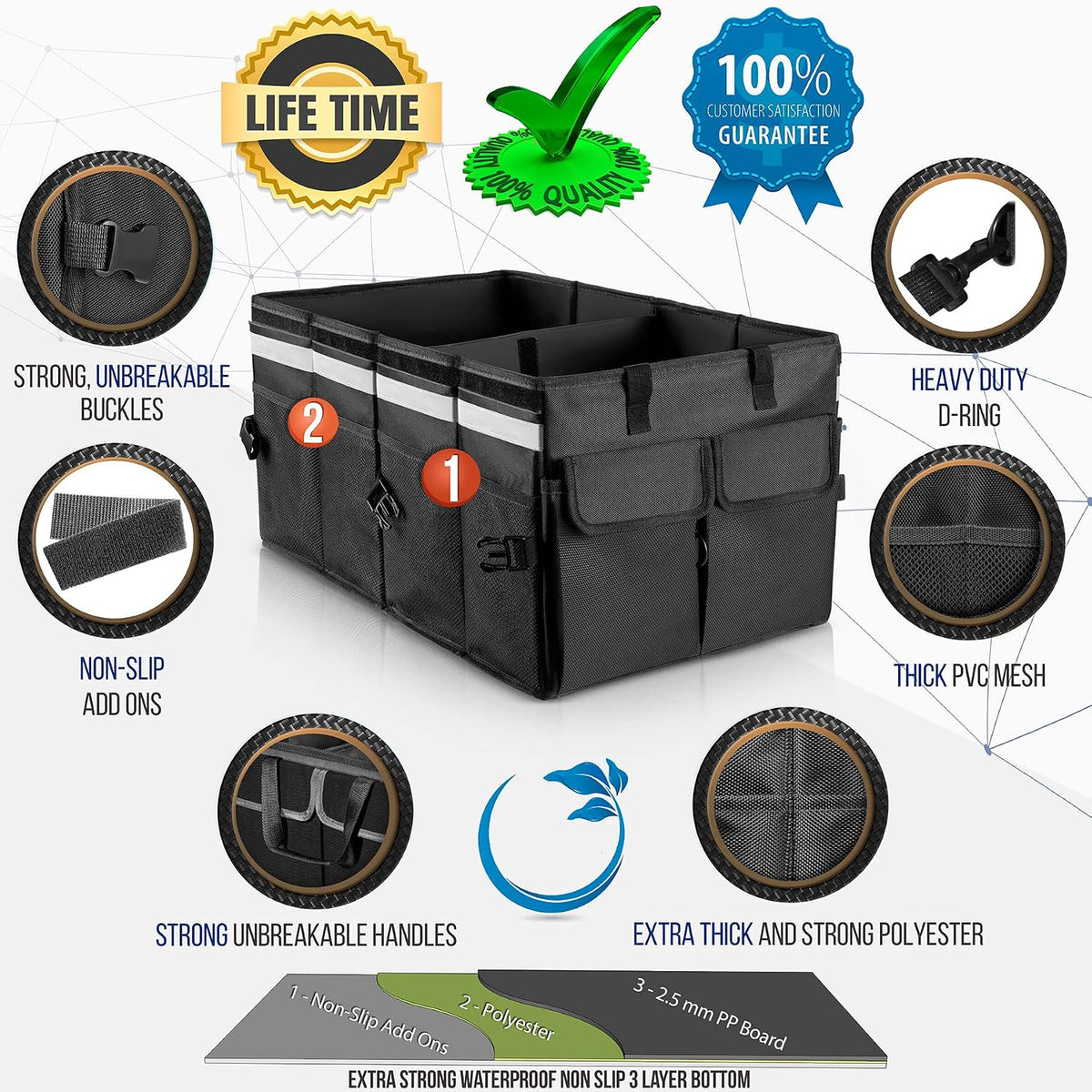Starling's Car Trunk Organizer Super Strong, Foldable Storage Cargo Box for SUV, Auto, Truck Nonslip Waterproof Bottom, Fits any Vehicle, Come w Adjustable TieDown Straps W LID (Black, 2