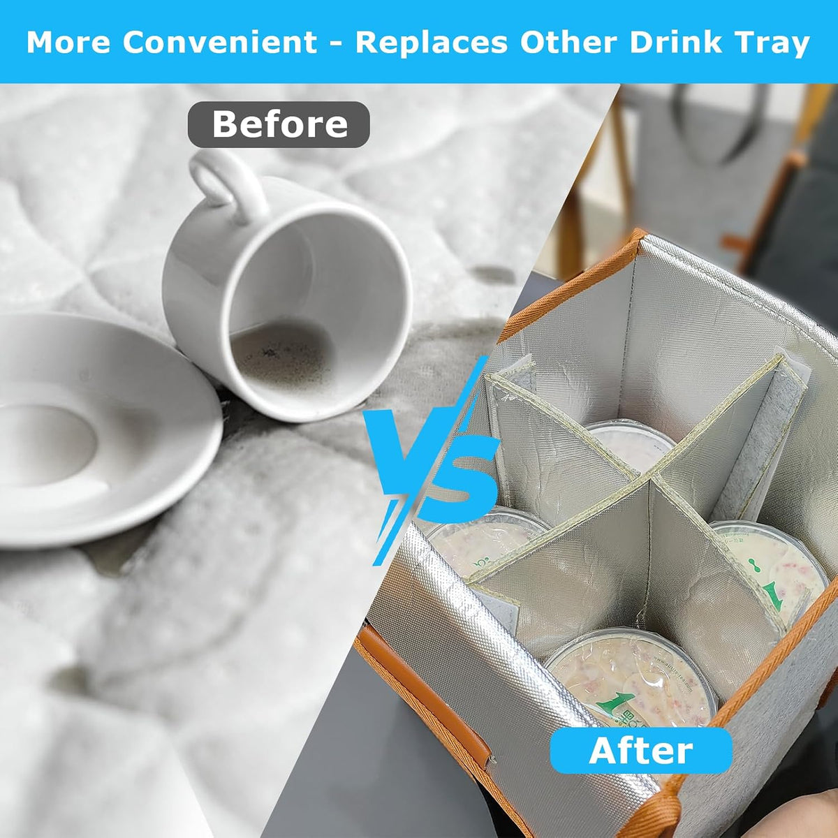 4 Cup Drink Carrier with Handle, Reusable Insulated Cooler Drink Bags for Car Cup Holder,Coffee Carrier Bag with Fixed Dividers, Portable for Car, Travel, Picnic Party, Food Delivery