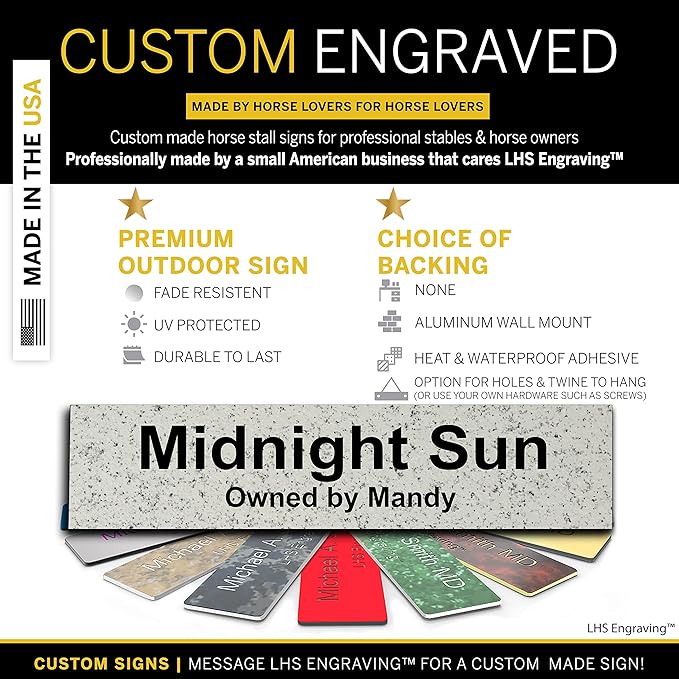 Personalized Horse Stall Name Plates, 2x8 Horse Stall Signs with Adhesive, All Weather UV Protected, Stone Granite Pattern Plastic Black Letters - Made in USA - S3