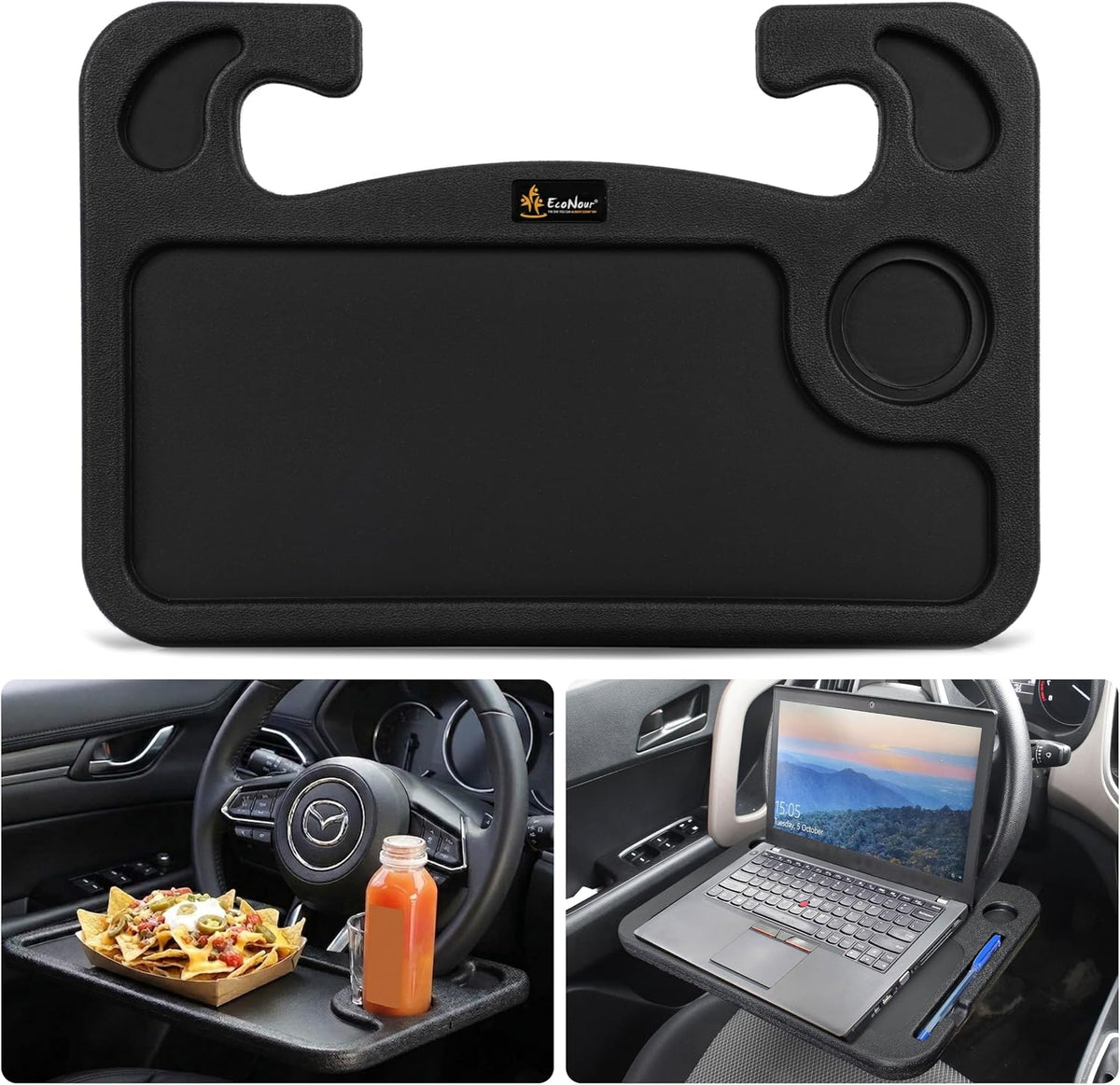 EcoNour 4 in 1 Car Steering Wheel Tray - 2024 Upgraded Pink Tray with Dual Sauce Dip Holder and Tablet Holder | Spacious Steering Wheel Desk for Food and Laptop | Car Accessories (Large)