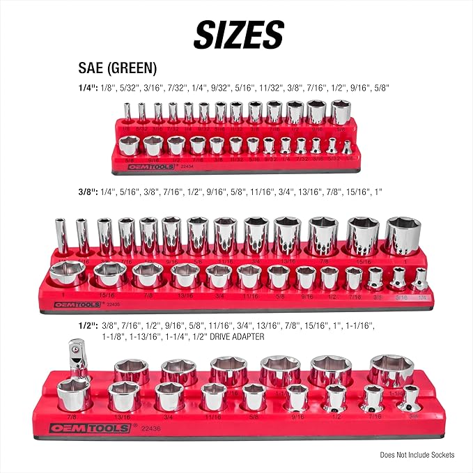 OEMTOOLS 22460 6 Pack Set Metric and SAE Magnetic Socket Tray Set, Red and Black Socket Organizers, 1/4, 3/8, 1/2 Inch Drive Socket Organizer Tray Set