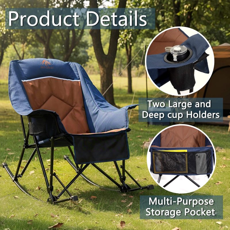 RED CREAT 400lbs Rocking Camping Chair, Oversized Heavy Duty XL Folding Rocker for Adults, Padded High Back Big & Tall Support, with Cup Holders & Carry Bag for RV, Lawn, Patio & Sports
