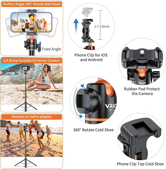 VRIG TP16 Camera Tripod, 5 Levels Adjustment 360° Ball Head Loads Up