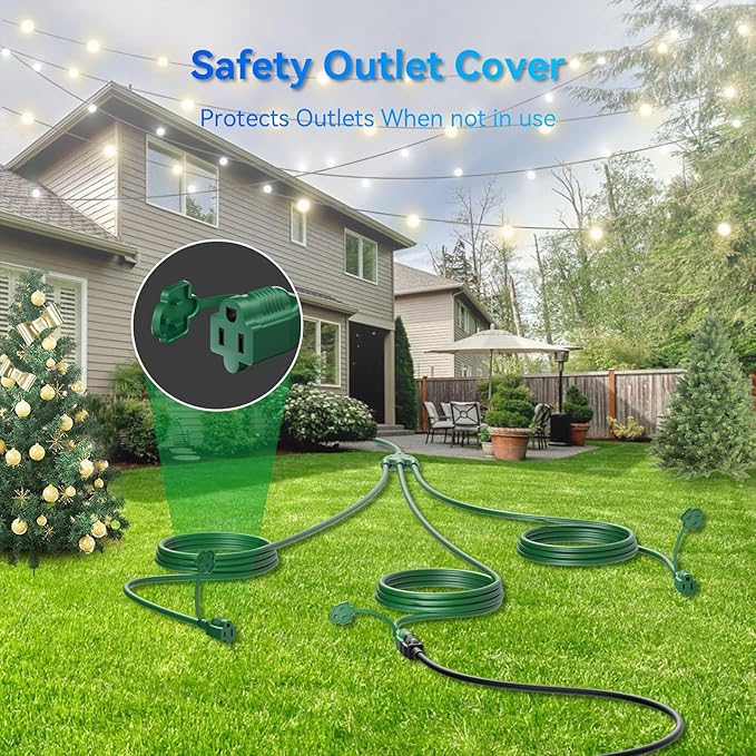 K KASONIC - 40FT Outdoor Extension Cord 1 to 3 Splitter, 3 Prong Outlets Plugs with Safety Covers, Weatherproof Extension Cord for Christmas Decorations, 16/3 SJTW, ETL Listed, Green