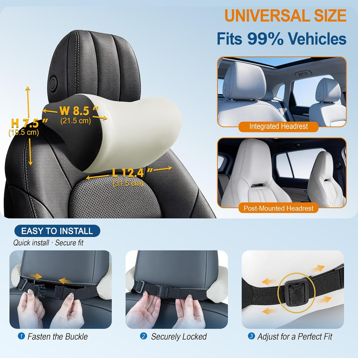 Allaboutsla 2-Pack Car Neck Pillow, Car Headrest Pillow for Neck Support | Memory Foam Car Neck Pillow for Driving with Neck Support, Adjustable Strap, Head Rest Pillow for Long Drives, Trucks, Beige