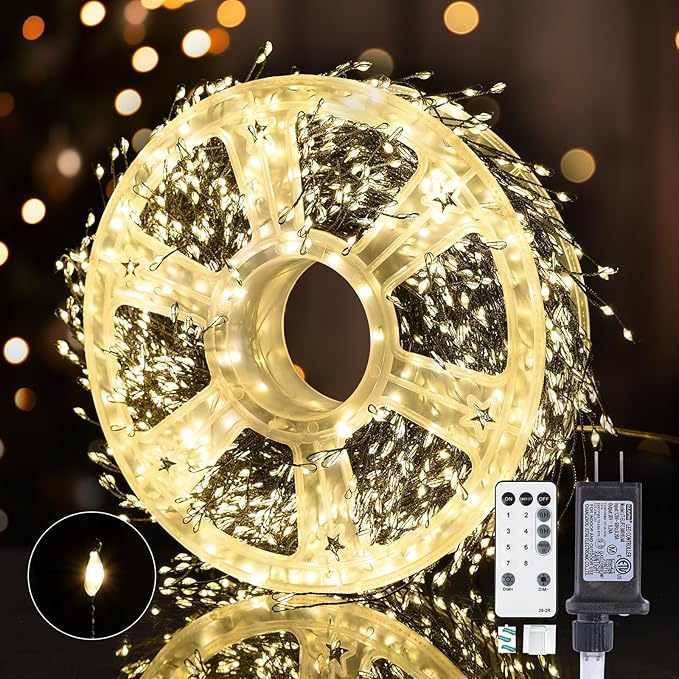 Dailyart Fairy Lights Plug in, 2000 Led Twinkle String Light with Remote 130Ft Waterproof 8 Modes Warm Cluster Lights with Timer for Bedroom Wreath Window Wedding Christmas Tree Decoration,Black Wire