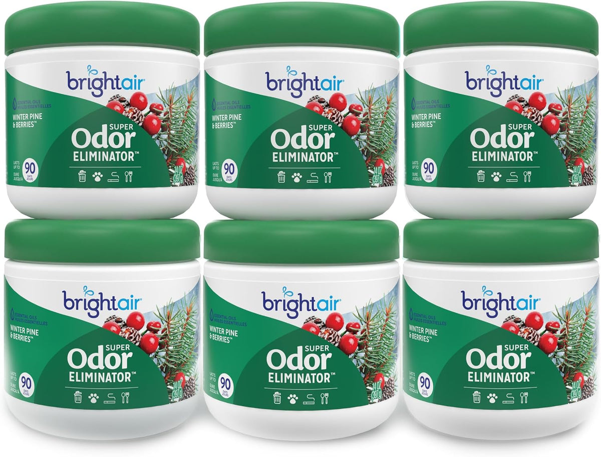 Bright Air 14 oz. Super Odor Eliminator, For Medium-Size Spaces, Winter Pine &amp; Berries Scent, Case of 6, Odor Eliminator &amp; Air Freshener, Natural Essential Oils, Lasts Up to 90 Days Each