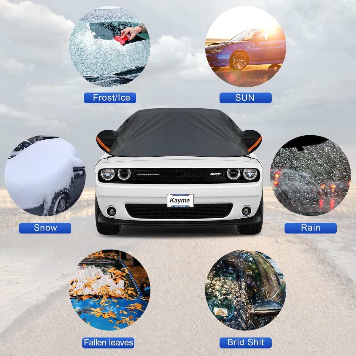 Kayme Half Car Cover, Windshield Cover for Ice and Snow Top with Reflective Straps, Roof Cover Waterproof All Weather Dust, Sun Protection. Front Rear Window Cover Fit Sedan. 3L (UP to 127'')