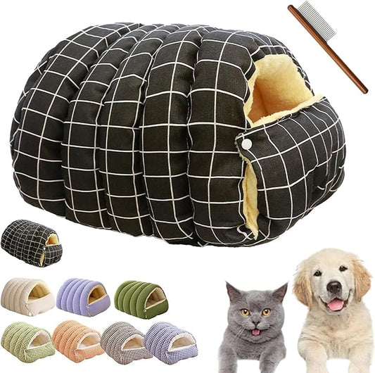 CutyPet Winter Cave,Warmth Cozy Comfort Plush Pet Cave,Cute Cozy Safe Hideaway Cat Bed with Removable Cushion,Warm Soft Removable Washable for Cats and Dogs (Black Plaid, L:25.59 * 15.74 * 11.02 in)