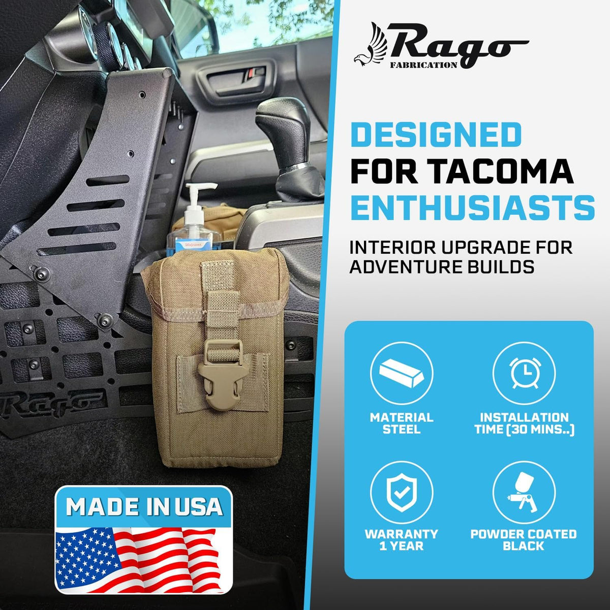 Rago Center Console Molle Storage Panel for 3rd Gen Tacoma 2016-2023 | Interior Organizer, Modular Gear Mount System for Tablets & GPS