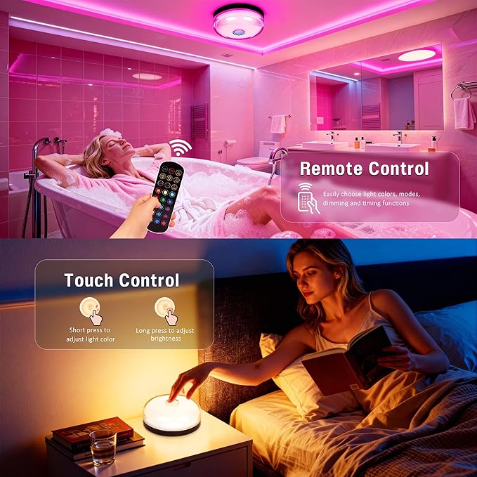 Loscarol Rechargeable Shower Lights with Remote, 15 RGBW Color Changeable Shower Lamp Waterproof, Dimmable ＆Timer Ceiling Light, Wireless LED Mood Lighting for Bathroom, Closet (Black, 4-Pack)