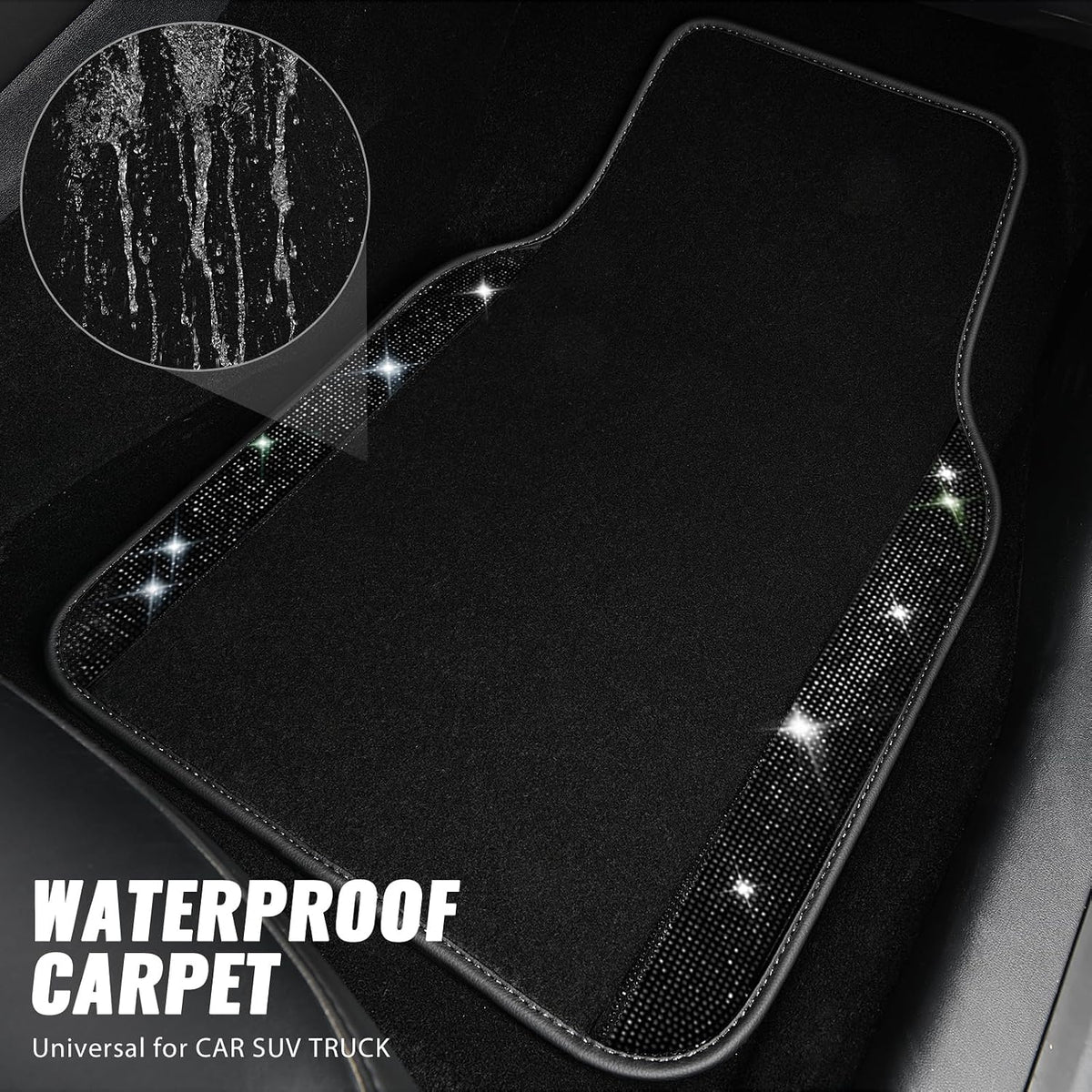 CAR PASS Bling Diamond Leather Steering Wheel Cover 14.5in-15in Floor Mats Shining Rhinestone Carpet Sparkly Glitter Crystal Anti-Slip Pad Fit Automotive SUV Pickup Truck Girl Women, 5pcs Black