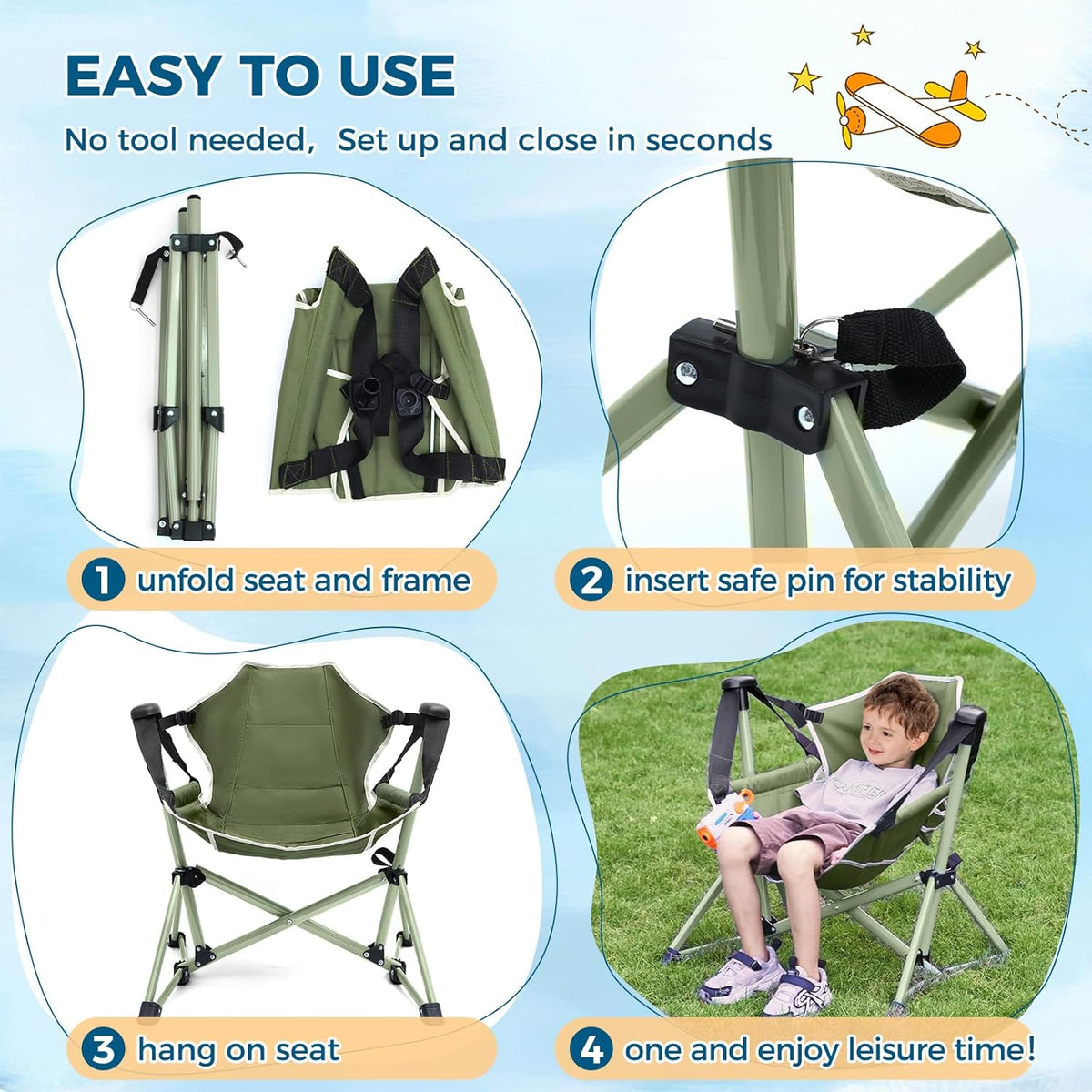 Skiennix Kids Hammock Chair - Adjustable & Portable Folding Camping Chair | Green, Supports 135 LBS