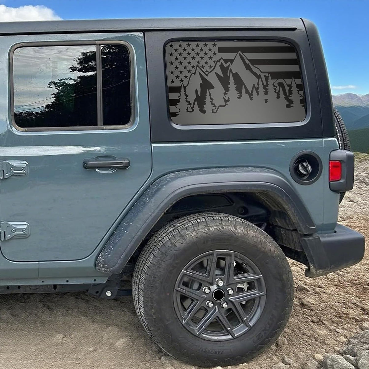 for Jeep Wrangler JL & JLU 2018-2024 Mountain American Flag Rear Window Decals, Matte Black USA Flag Vinyl Stickers 2PCS, Patriotic SUV Truck Window Graphics Exterior Accessories