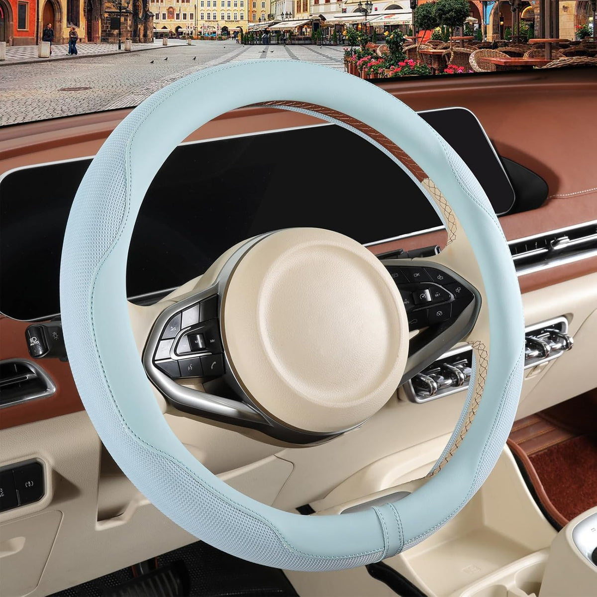 Nappa Leather Ice Silk Fabric Blue Steering Wheel Cover