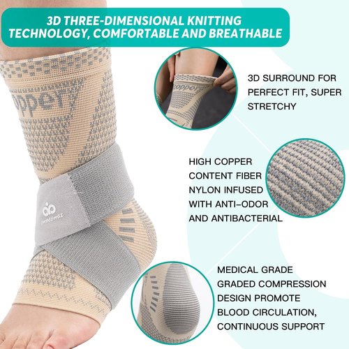 INDEEMAX Ankle Brace - Copper Infused Compression Sleeve for Pain Relief | Skin Silver, Size M