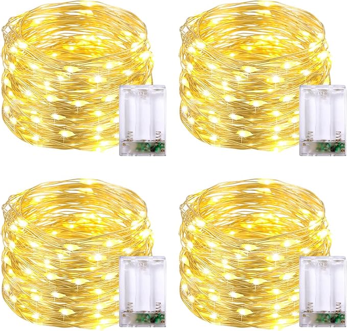 JMEXSUSS 4 Pack 50 LED Fairy Lights Battery Operated, 16ft Warm White Twinkle Lights Indoor Outdoor, Battery Powered Fairy String Lights for Bedroom Classroom Dorm Wedding Party DIY Decoration