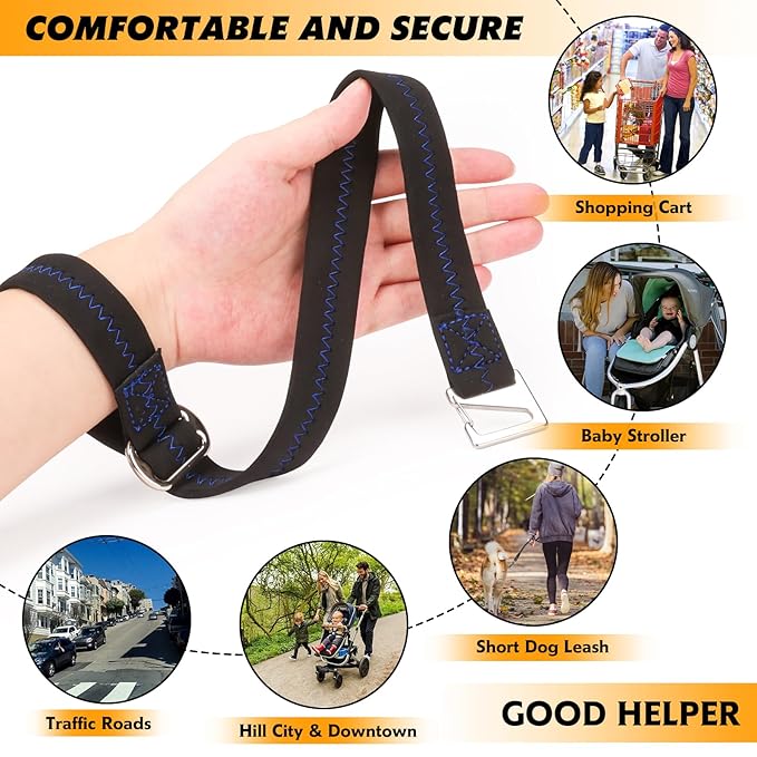 Baby Stroller Wheelchair Safety Wrist Strap or Large Dog Leash, Second Layer Security for Retractable Dog Leash, Black with Blue Stitching