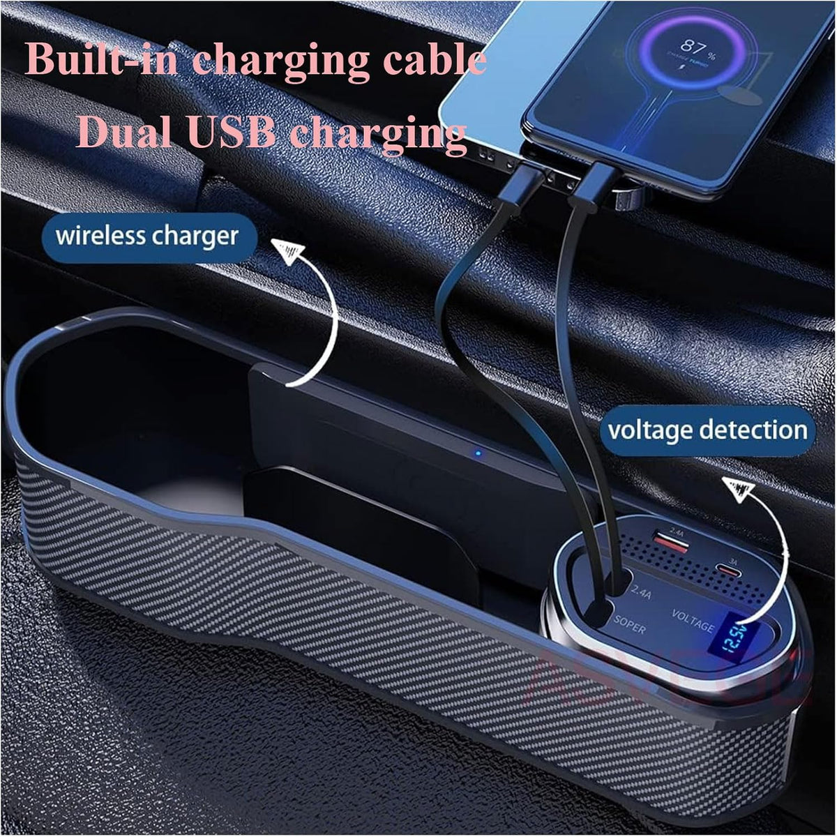 Car Seat Gap Filler Organizer with Wireless Charger,2 USB Ports and 2 Retractable Charging Cable of Type C, iOS, Multifunctional Storage Box with Cup Holder Cigarette Lighter Quick Charge