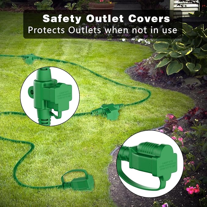 K KASONIC - Outdoor Extension Cord 25 FT, Evenly Spaced 3 Outlets Plugs, 16/3 SJTW Weatherproof Multiple Outlets Wire for Landscaping Light, Holiday Decoration and Christmas, ETL Listed, Green