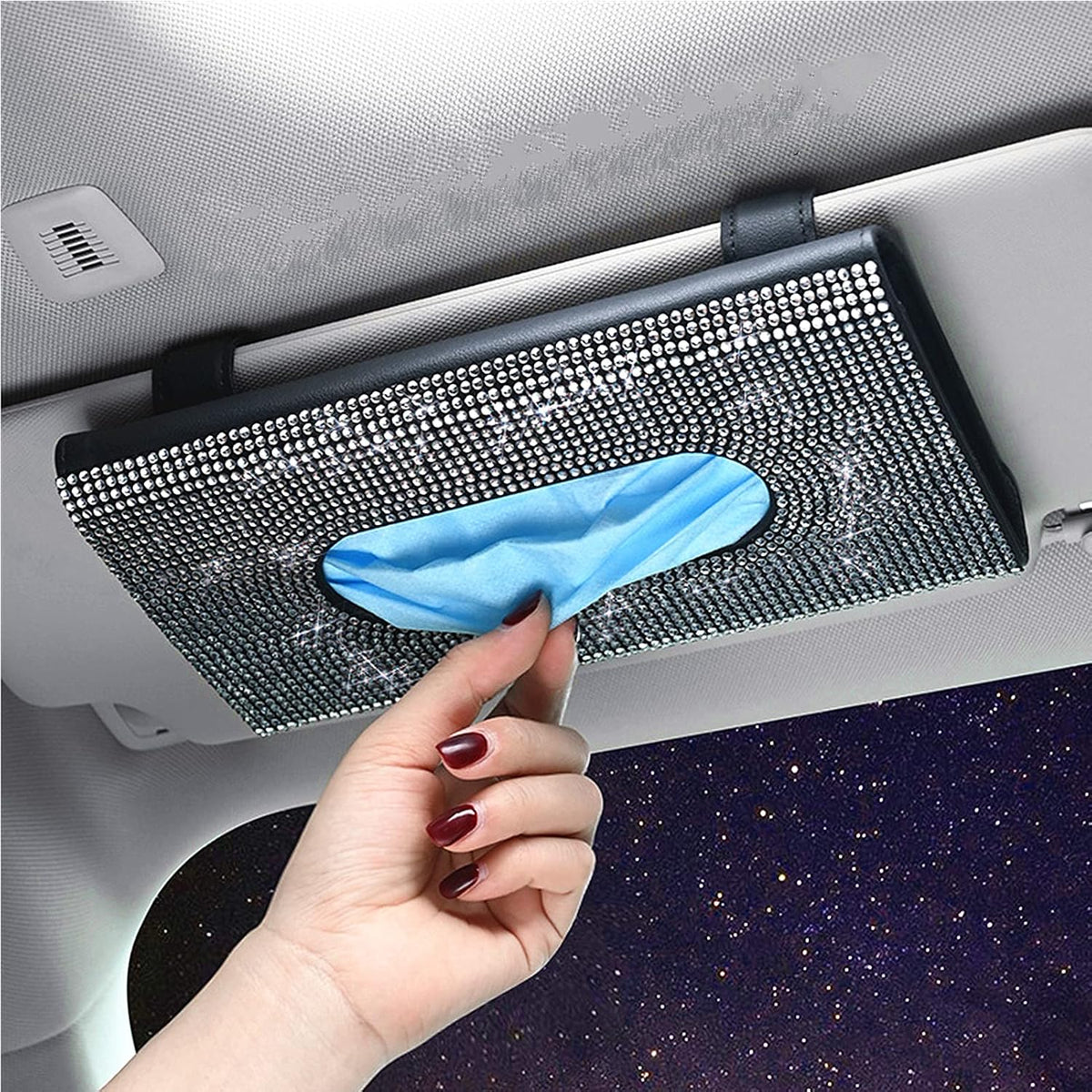 【2026 Upgraded】Bling Car Sun Visor Tissue Box with Refills Paper Towels, PU Leather Backseat Mask Case,Crystal Sparkling Napkin Holder, Handmade Decoration Accessories for Women,Girls,Ladies , White