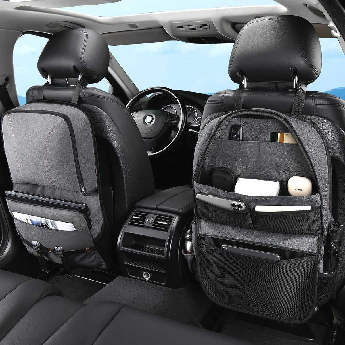 Coverado Backseat Car Organizer, Nappa Leather Car Seat Organizer with Touch Screen Tablet Holder, Foldable Food Tray, Kick Mats Protector, Multi Car Storage Accessories, Garbage Bag Holder-1 Pack