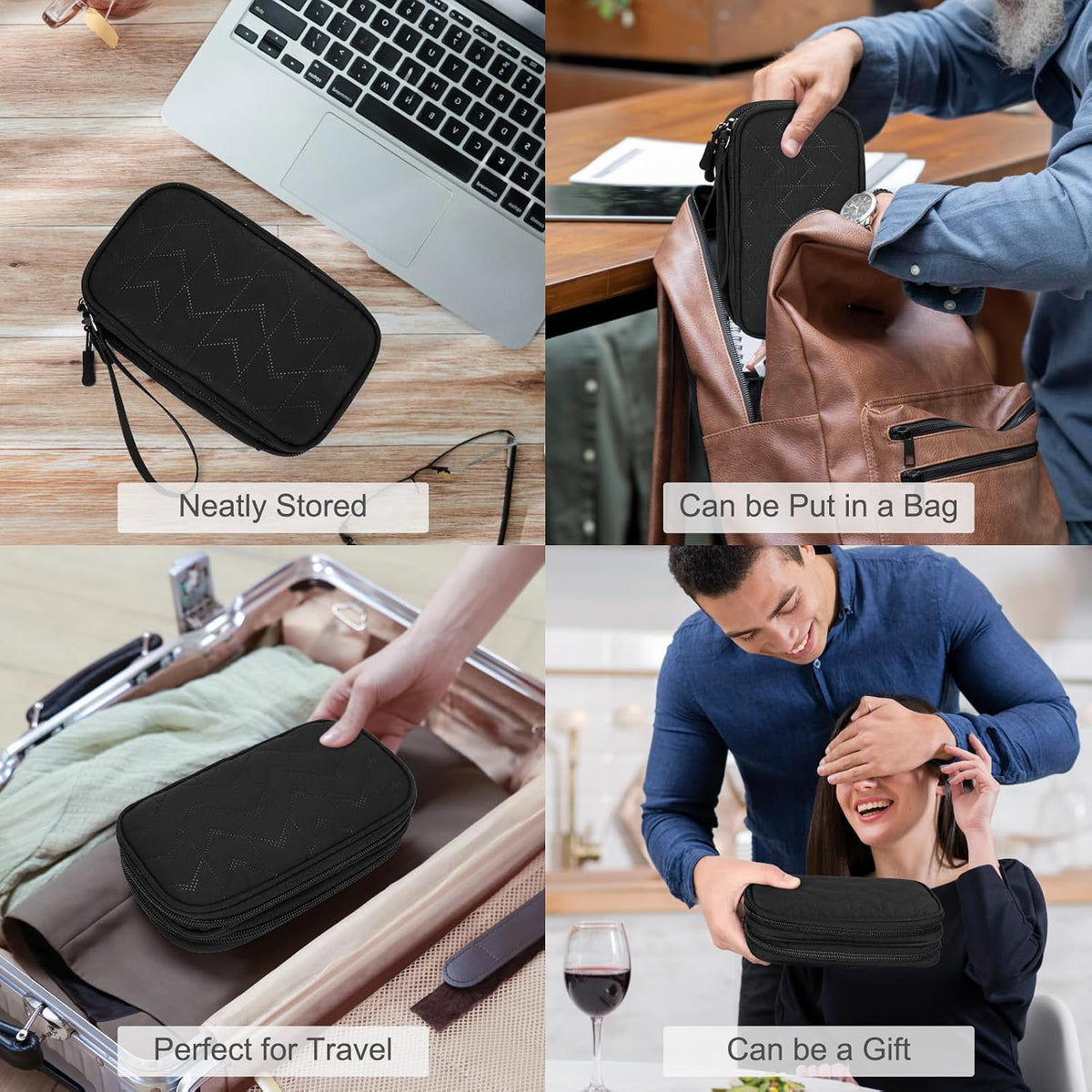 FYY Electronic Organizer, Travel Tech Pouch, Cable Organizer Black Quilted