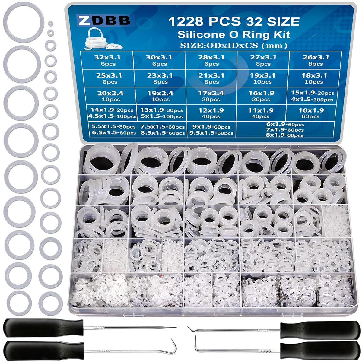 ZDBB Silicone O-Ring Kit - 1228 PCS Heat & Oil Resistant VMQ Seal Set for Plumbing | White