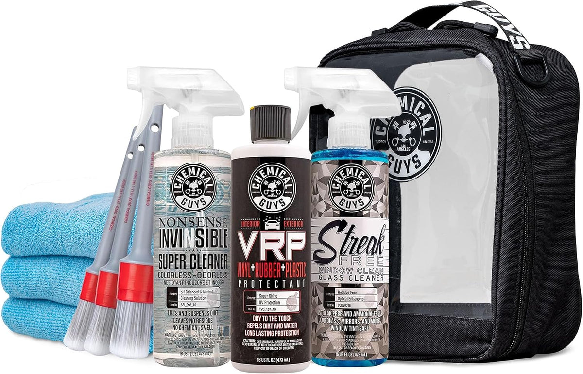 Chemical Guys All Surface Clean and Shine Kit with Storage Bag Interior Cleaner Glass Cleaner Dressing Microfiber Towels and Brushes Giftable Car Care Set