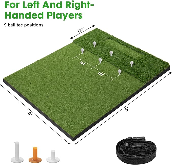 Dual-Turf Golf Mat with Ball Tray,5x4Ft 31mm Thickened Golf Hitting Mats for Indoor/Outdoor Practice,Turf Driving Range Mats for Golf Simulators and Chipping Swing Driving Training