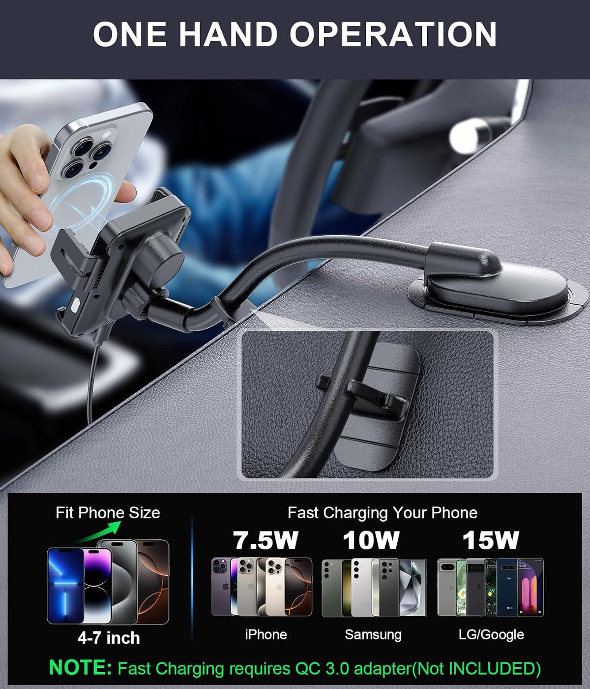 Wireless Car Charger Adjustable Gooseneck Dashboard Car Mount Fast Charging