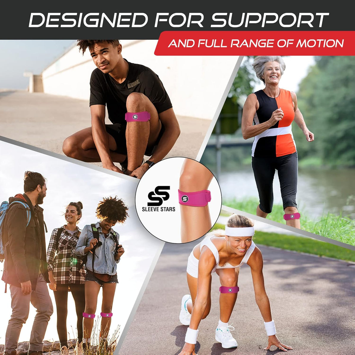 Swedish Brand Sleeve Stars Patellar Tendon Support Strap - Effective Osgood Schlatter Knee Brace for Youth & Adults | Adjustable 12"-24" - Hot Pink