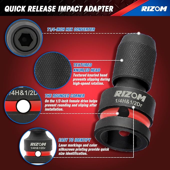 Rizom 3-Piece Quick Release Impact Bit Holders, 1/2 3/8 1/4-Inch Square Drive to 1/4-Inch Hex Shank Converter, Impact Wrench Adapters for Ratchet Wrench Drivers, Impact Wrench