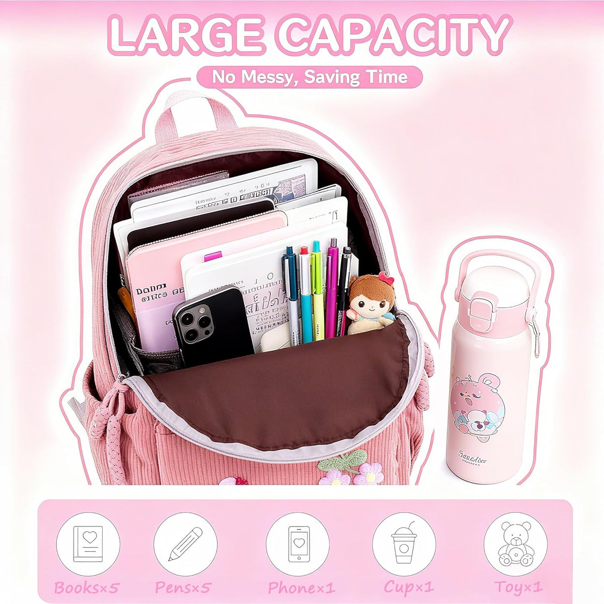 WANSHUNLMI Personalized Corduroy Kids Backpack - Custom Name School Bag in Pink | Toddler Size S & M