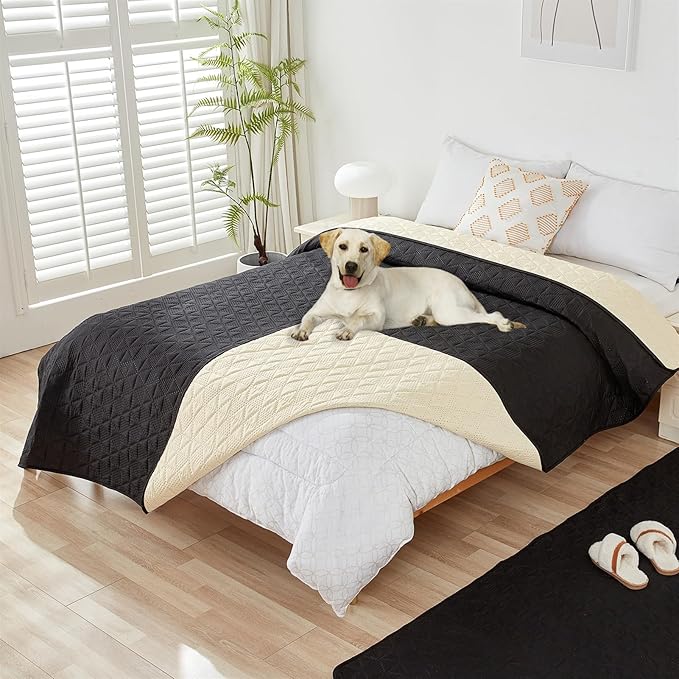 GIBZ Water Resistant Dog Bed Blanket Cover Large Anti Slip Pet Furniture Protector Washable Cat Quilted Mat for Couch, Black, 210x260cm