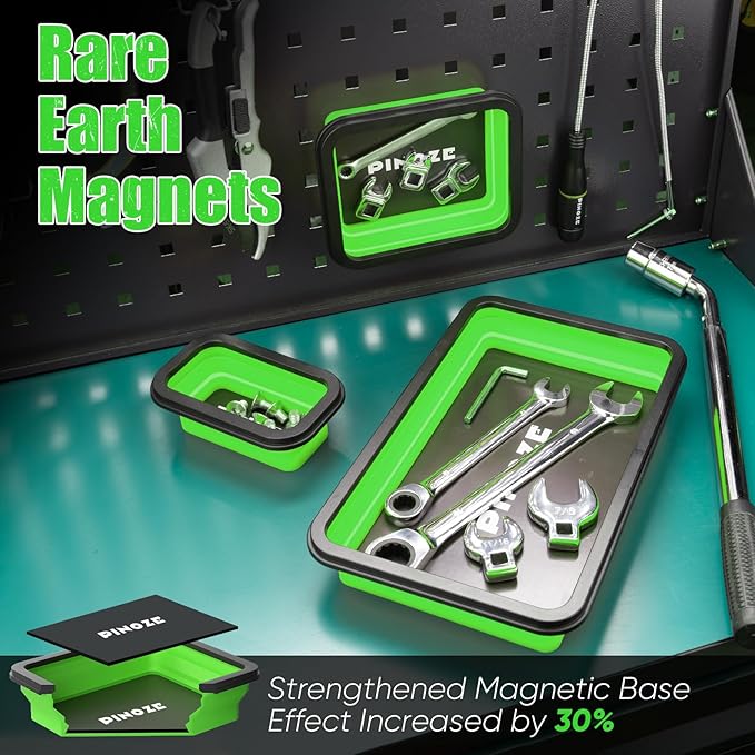 Collapsible Magnetic Parts Organizer Trays & 12" Flexible Magnetic Pickup Tool, 3 Different Size Magnet Tool Trays & Pick-Up Sweeper for Screw, Bolts, Nuts, Washers, Pins and Metal Parts, Green